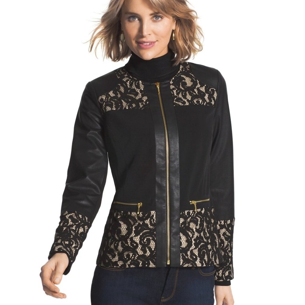 Chico's Pieced Ponte Lace-Mix Faux Leather Jacket  Black/Champagne Size XL